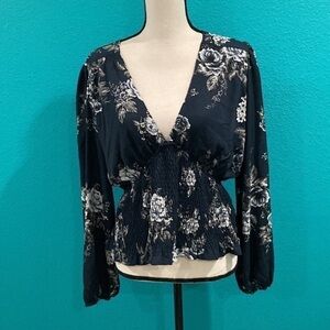 Louna smocked floral dark blue long sleeve blouse